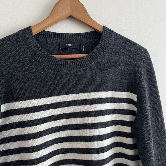 NWT Theory Shrunken ST Felted Wool Cashmere Crew Neck Sweater L Pullover Stripe - Picture 8 of 13